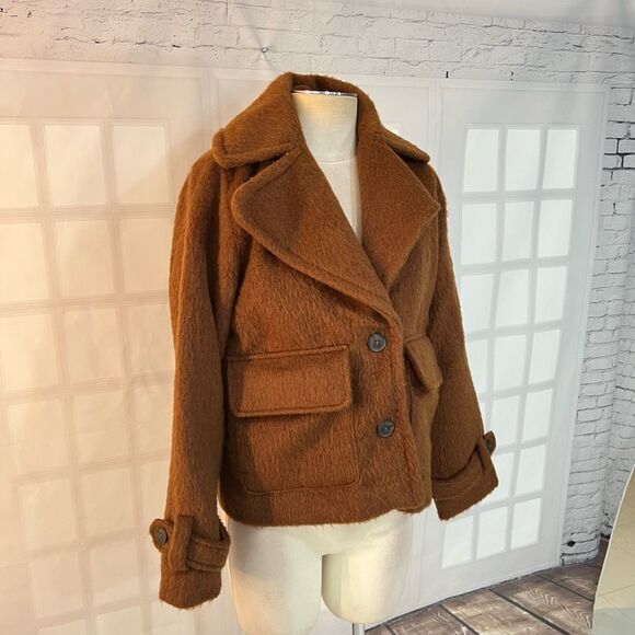 A New Day Brown Two Button Spread Collar Lined Furry Jacket Size Small - Picture 3 of 11